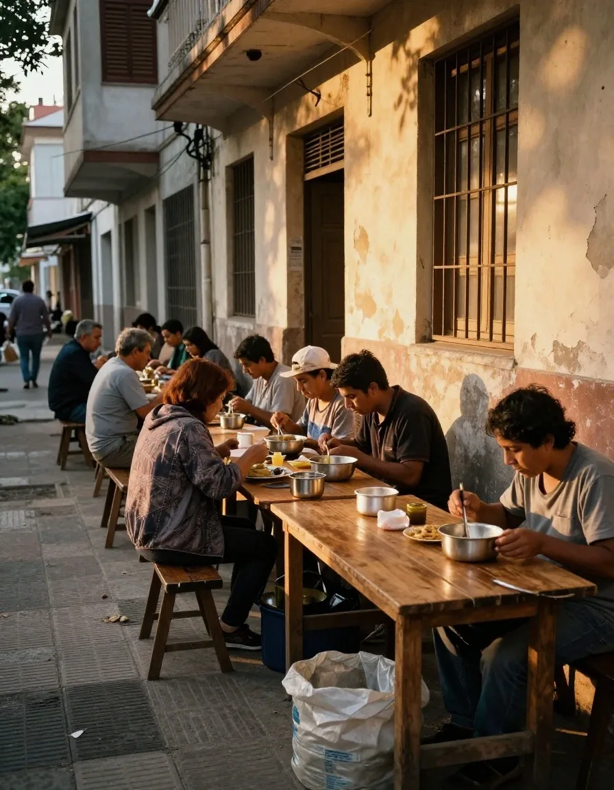 Fila de un comedor comunitario al atardecer