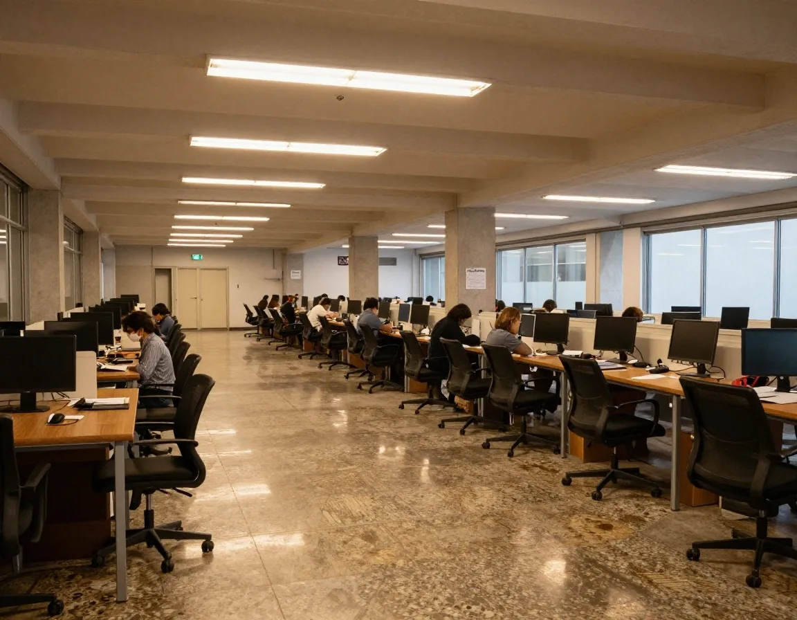 Cartelera municipal con avisos de trabajo bajo vidrio mojado