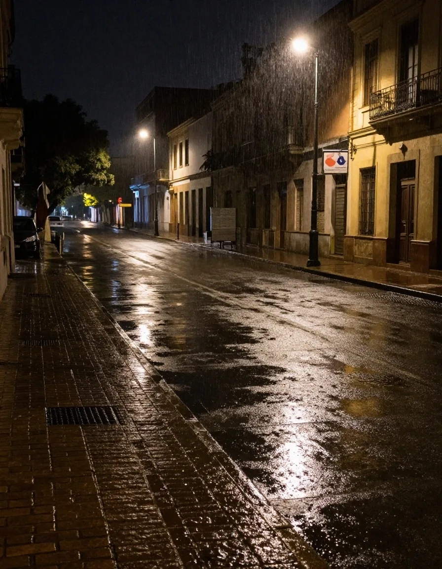 Cartelera municipal con avisos bajo un vidrio mojado
