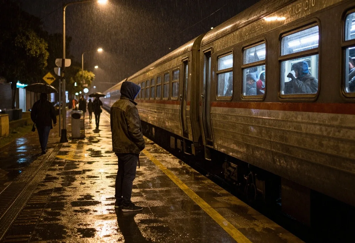Abrigo de una persona que viaja en tren en una estación de Buenos Aires de noche