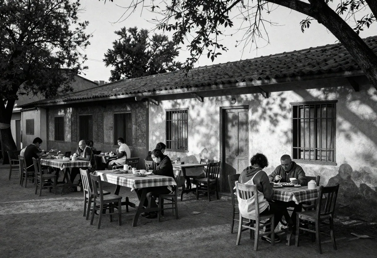 Comedor comunitario de barrio al atardecer con mesas largas preparadas