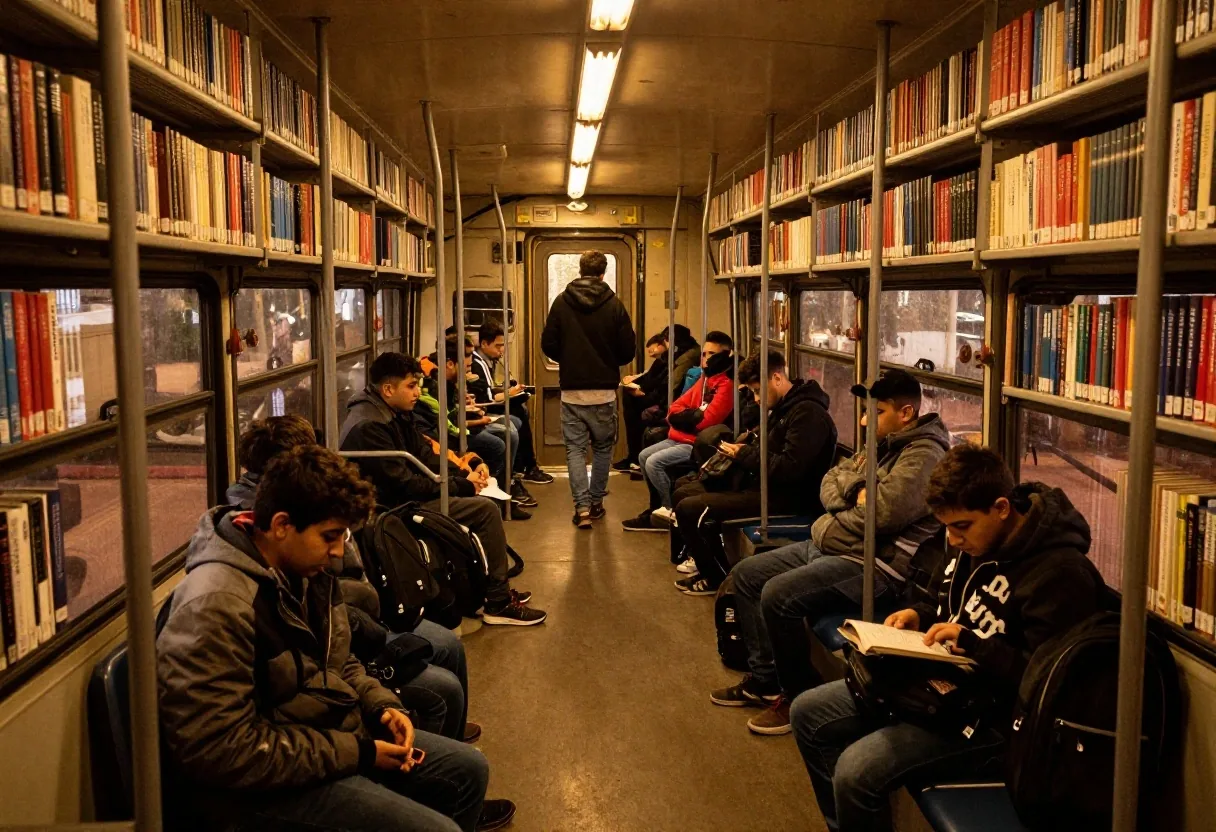 Interior de un colectivo lleno con jóvenes trabajadores camino al centro