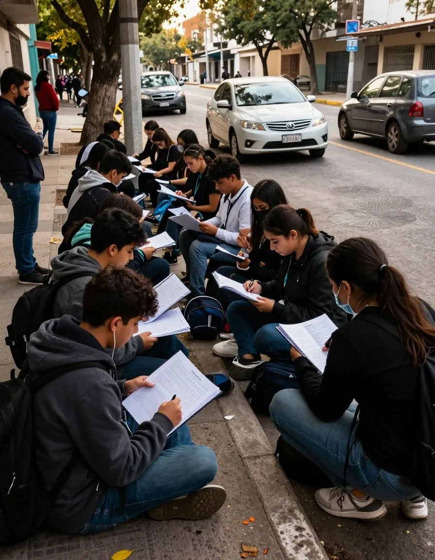 Jóvenes esperando con mochilas en la puerta de una agencia de empleo