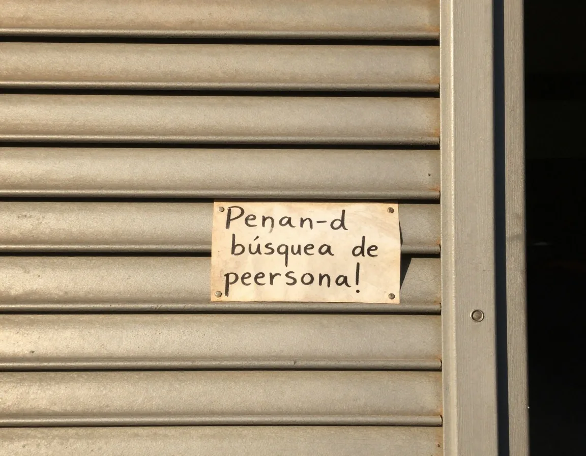 Persiana metálica cerrada de un taller con un aviso de búsqueda pegado