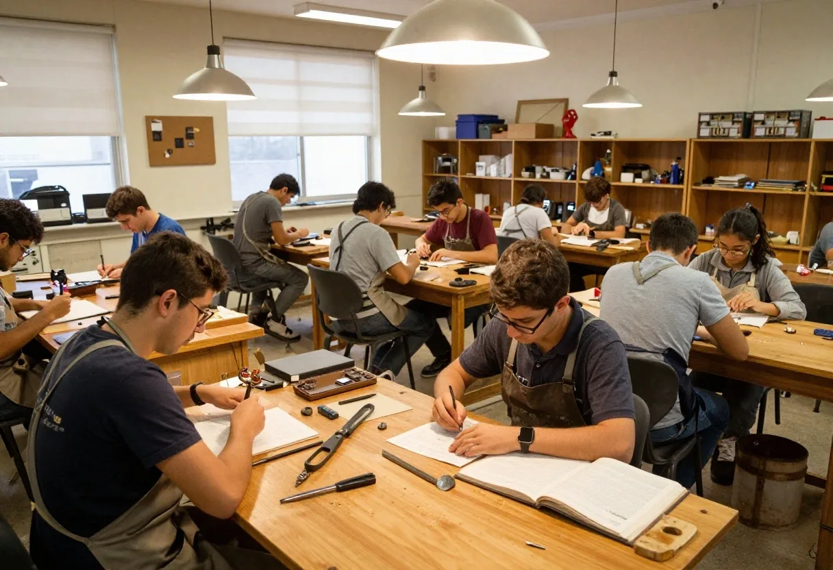 Taller nocturno de una escuela técnica con estudiantes trabajando en bancos