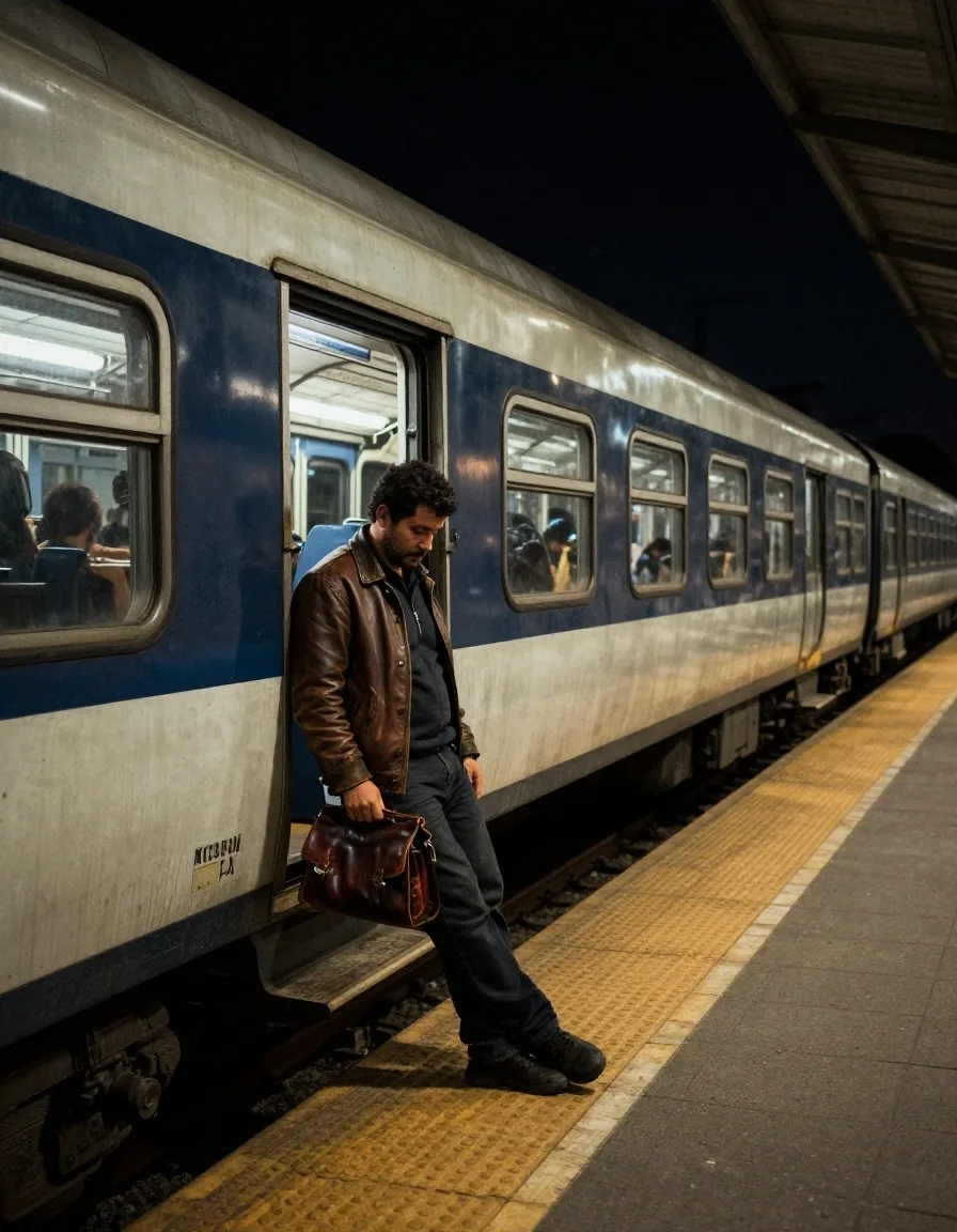 Abrigo de un pasajero en el andén de una estación de noche