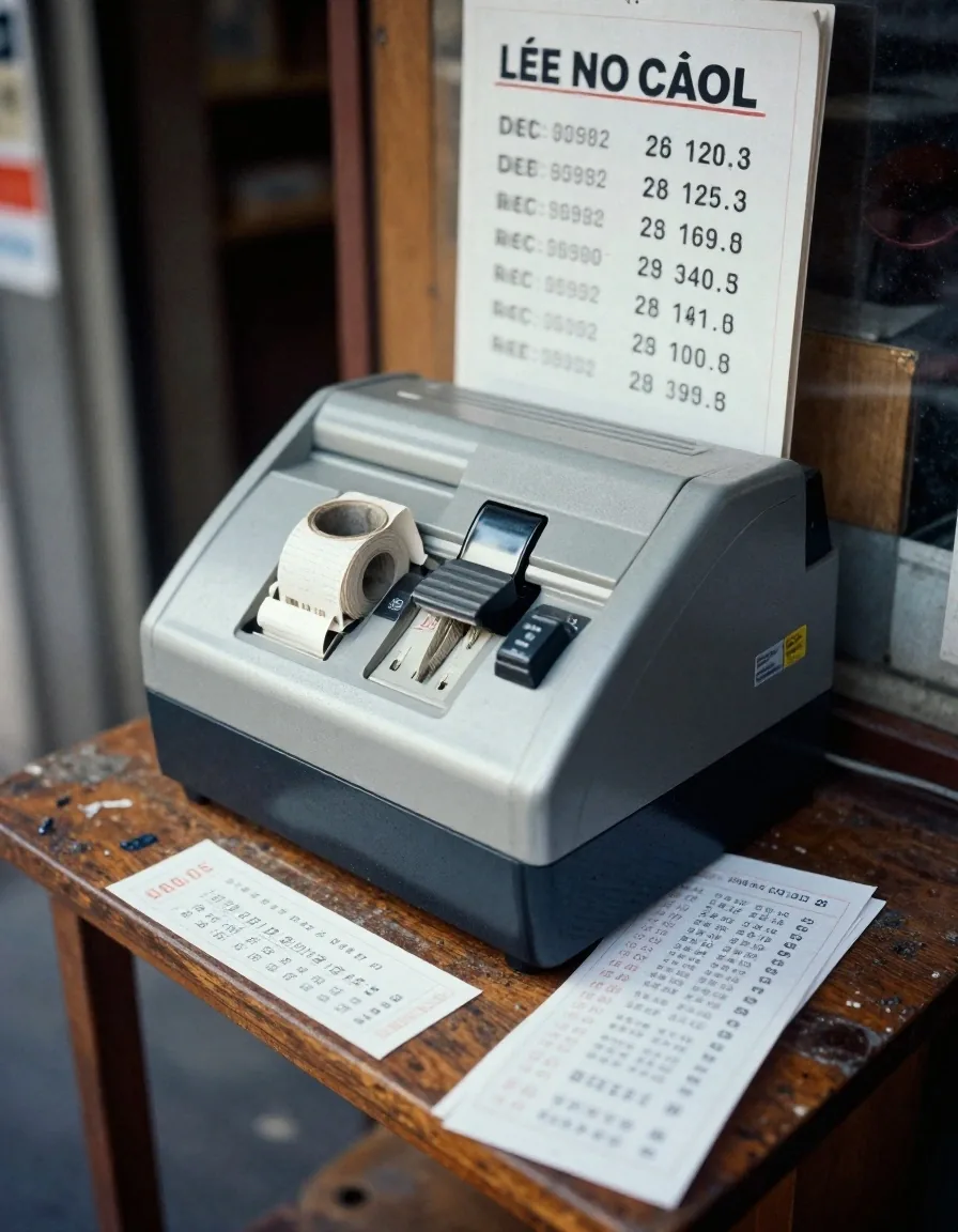 Rollo de ticket y tabla impresa sobre el mostrador de un comercio
