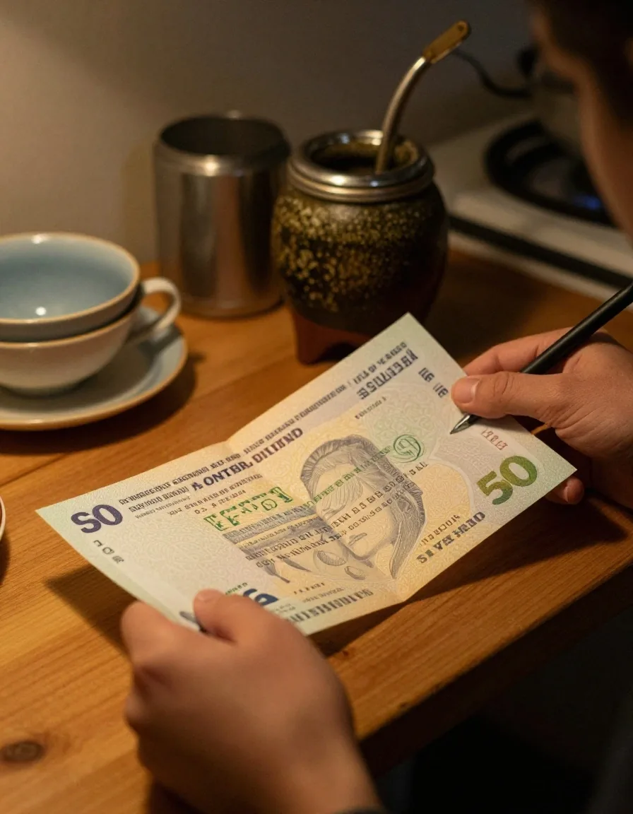 Mano que sostiene un recibo de sueldo impreso bajo la lámpara