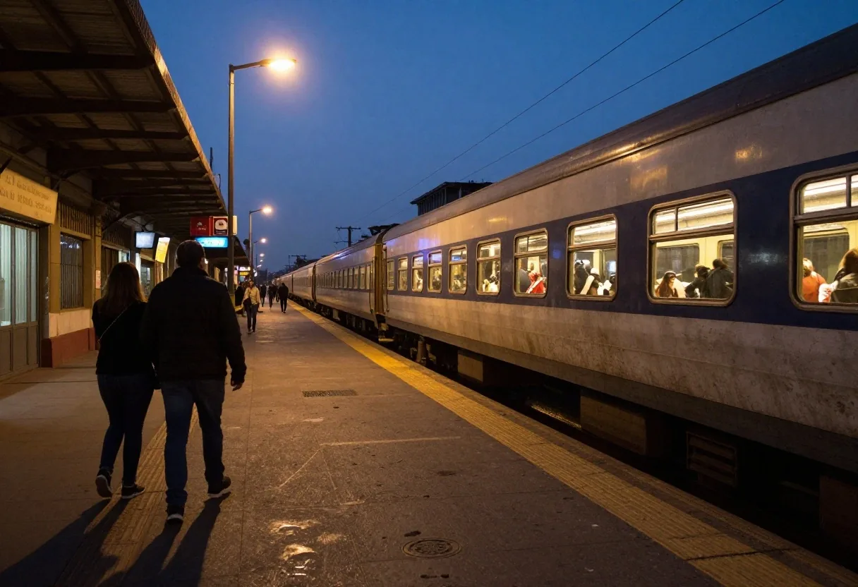 Pasajeros que esperan el tren en un andén al atardecer