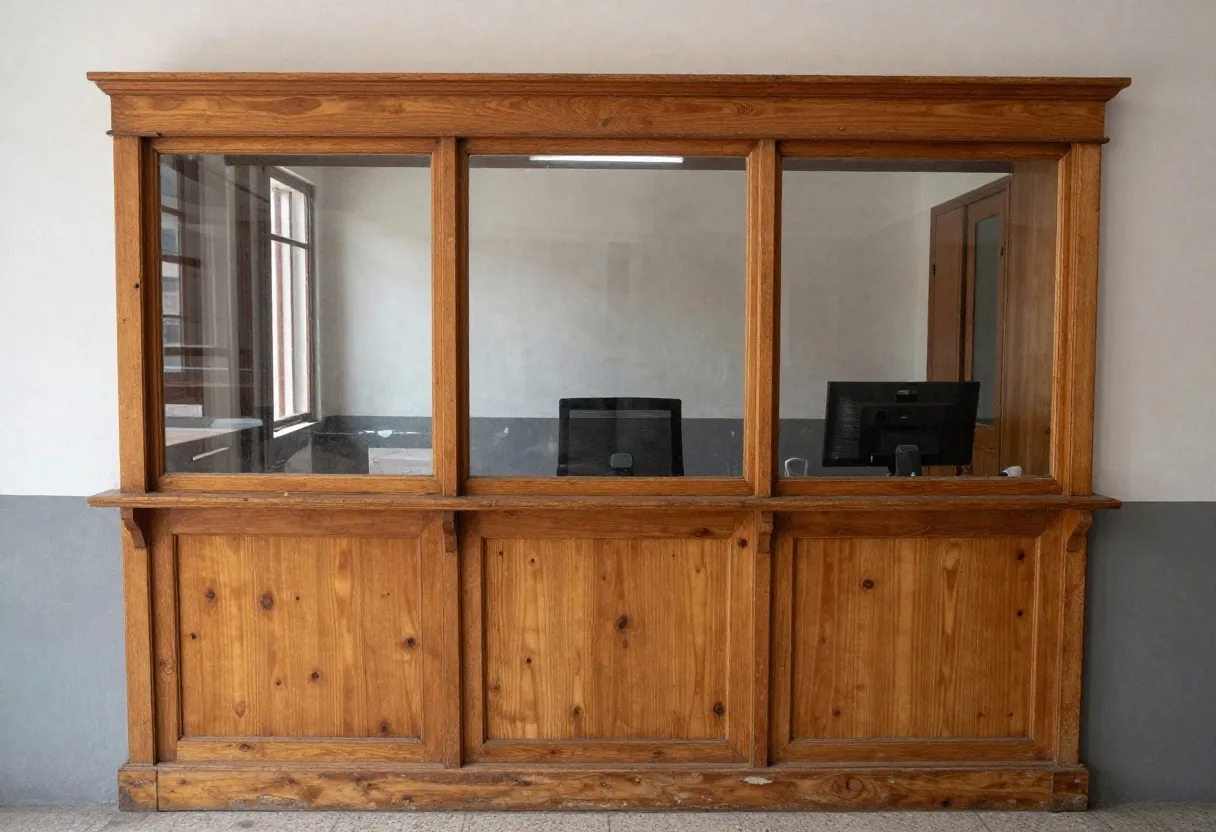 Banco de espera vacío frente a una puerta de delegación