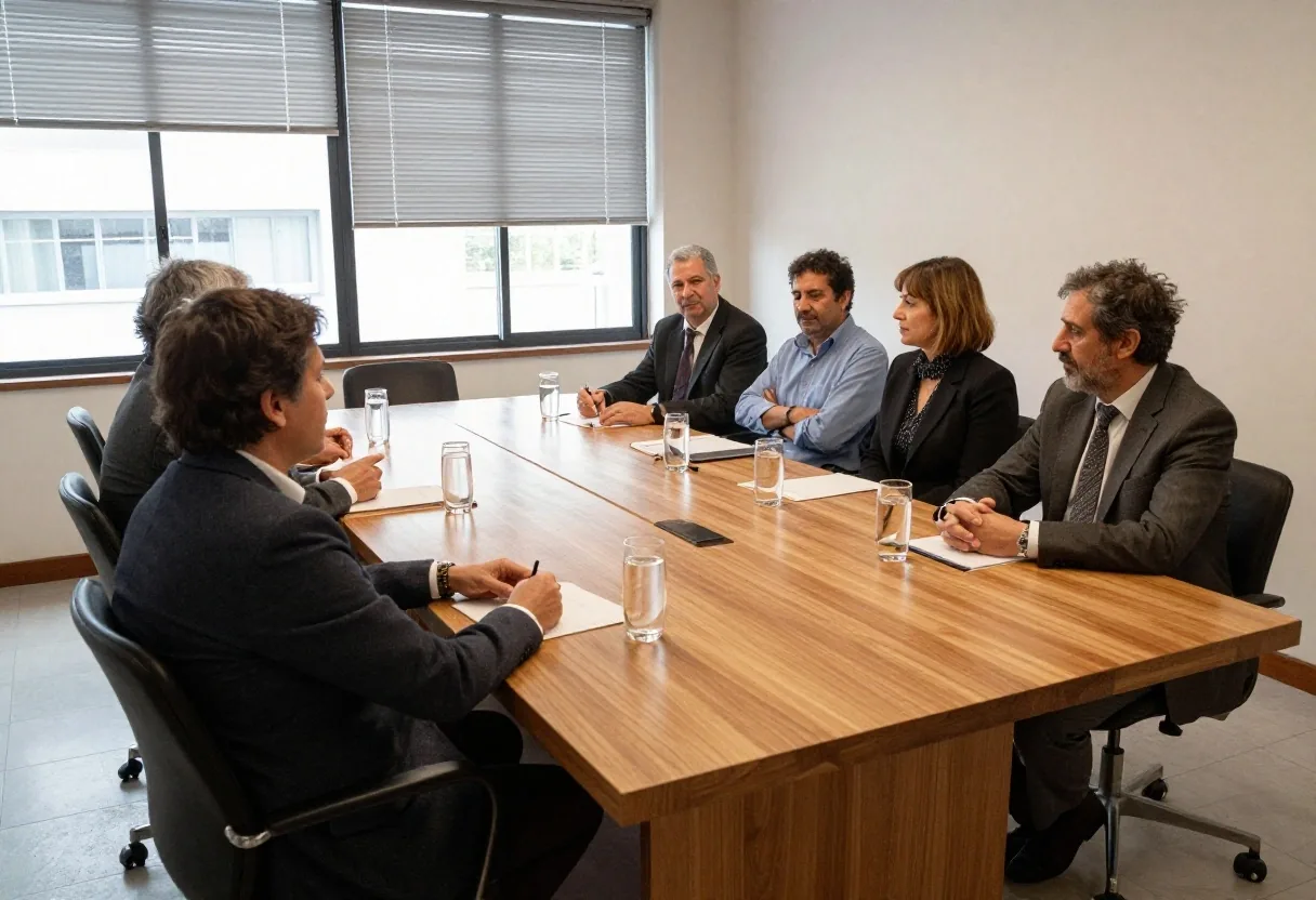 Mesa de reunión sindical con papeles y sillas en Buenos Aires