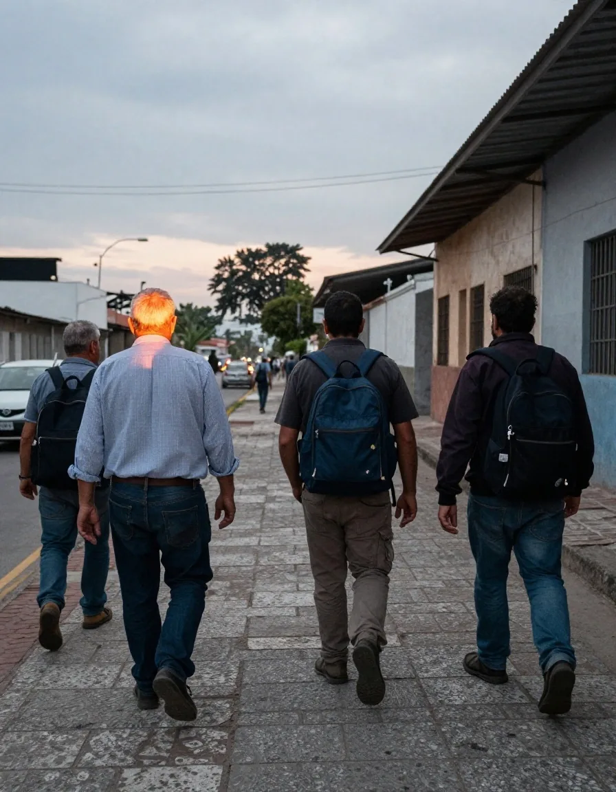 Trabajadores saliendo de una fábrica al atardecer