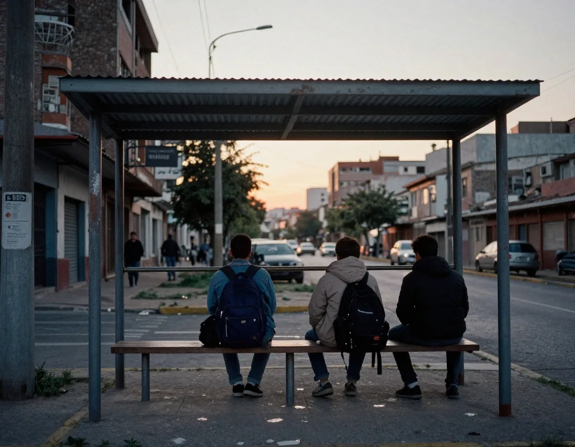 Jóvenes trabajadores esperando el colectivo a la mañana