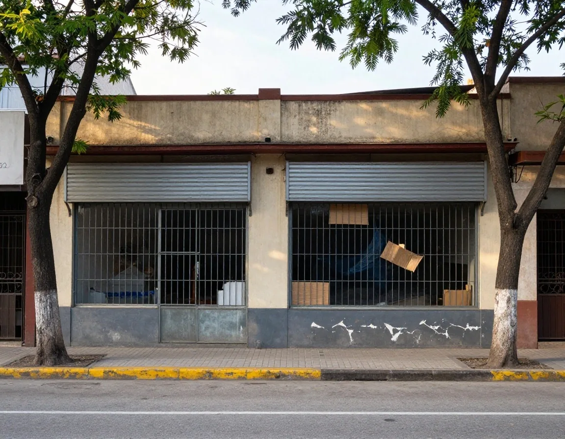 Persiana baja de un comercio barrial con sillas apiladas adentro