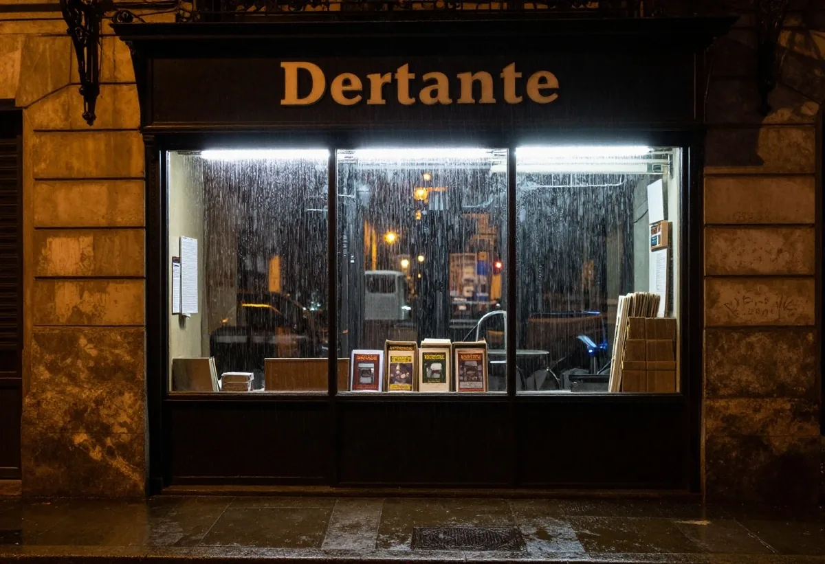 Vidrio de imprenta de noche con lluvia y luz ámbar de la calle