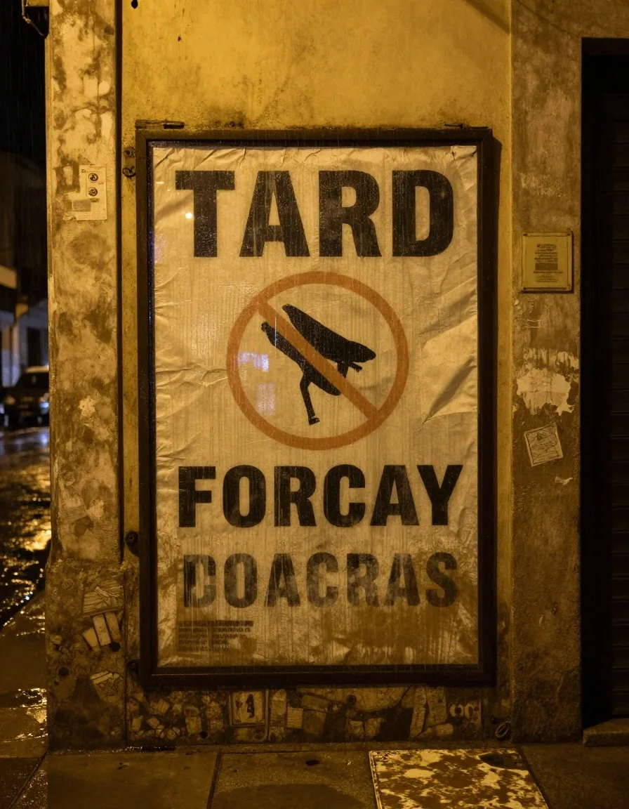 Cartelera municipal con avisos bajo un vidrio mojado de noche