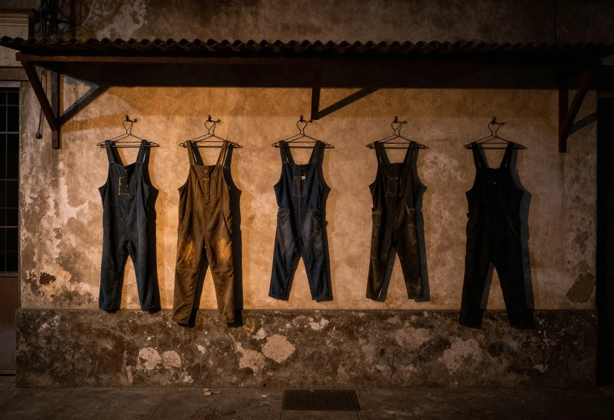 Ropa de trabajo colgada en un pequeño taller