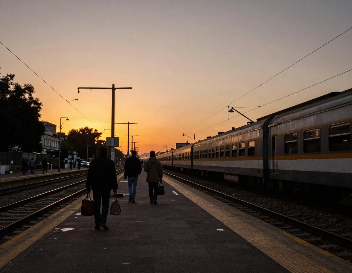 Pasajeros en un andén de estación en Buenos Aires al atardecer