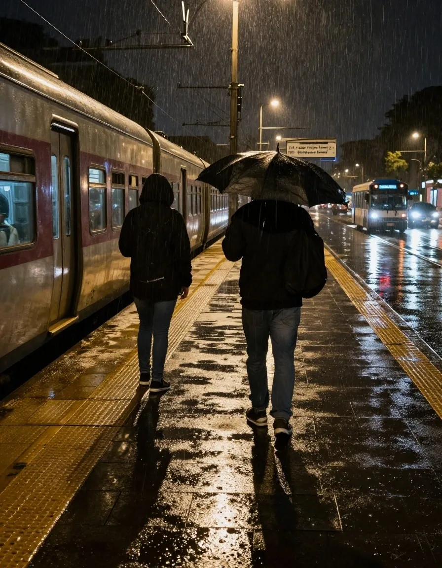 Abrigo de un pasajero en el andén de una estación en una noche de lluvia