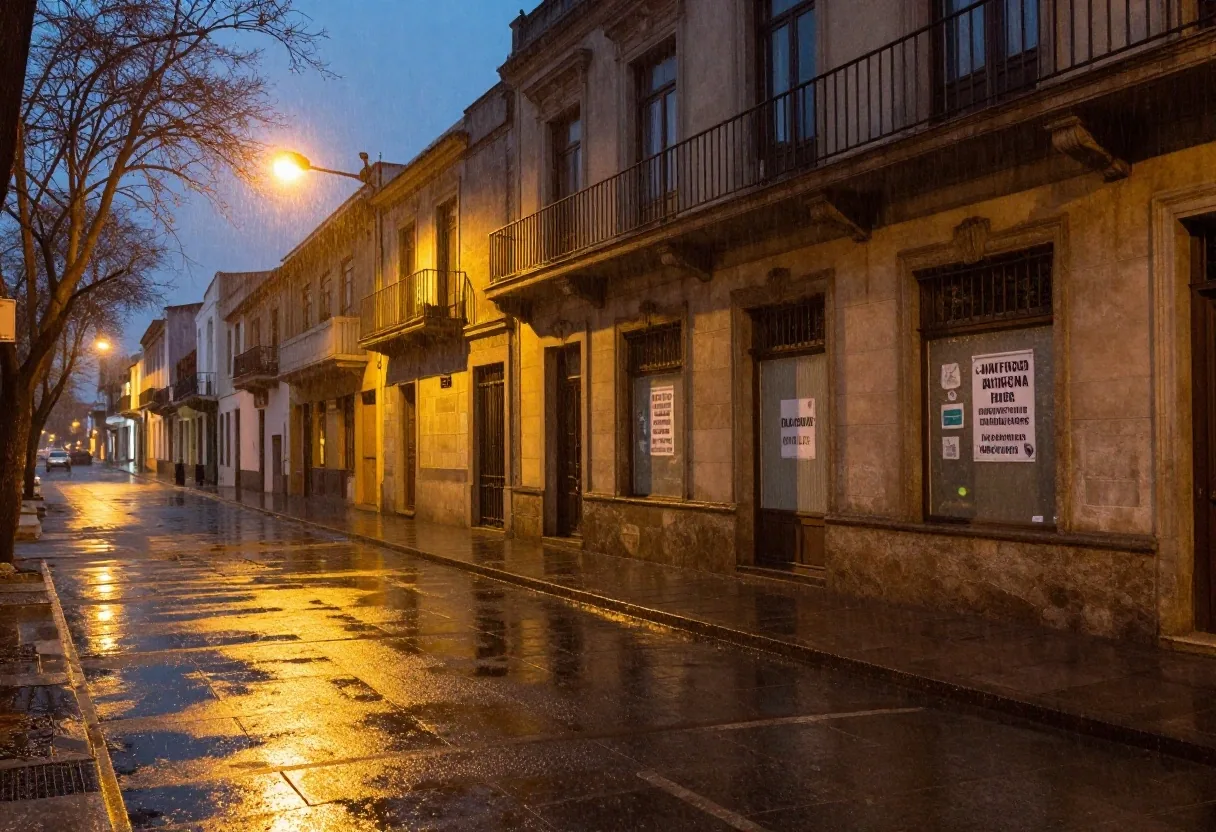 Cartelera municipal con avisos bajo un vidrio mojado por la lluvia