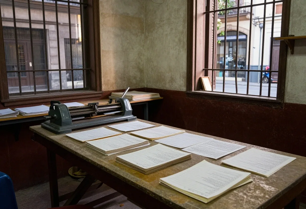 Hojas de prueba apiladas sobre la mesa de un taller gráfico iluminado con luz cálida