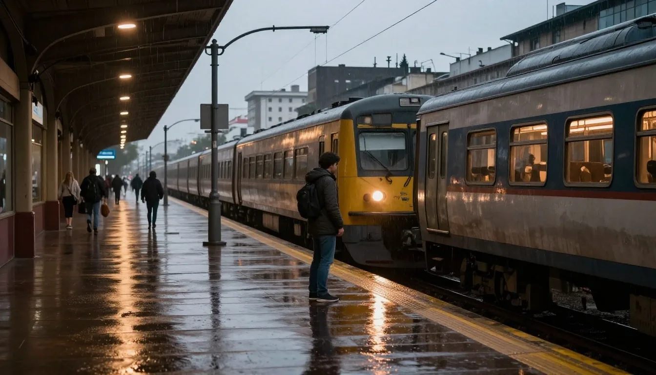 Abrigo de un pasajero en el andén de una estación bajo la lluvia al atardecer