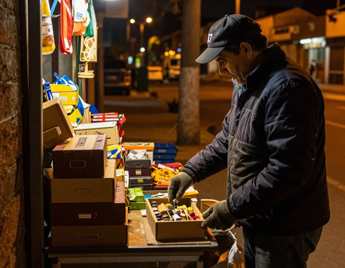 Manos de un vendedor acomodando mercadería en un puesto nocturno