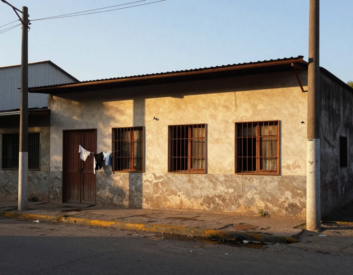 Portón de fábrica con ropa de trabajo colgada antes del turno mañana