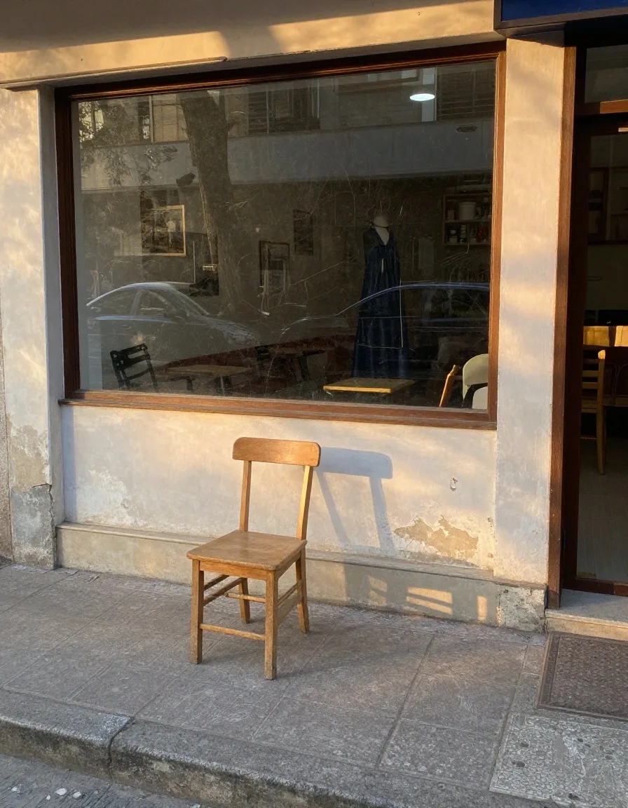 Silla vacía y delantal colgado en un local con luz de tarde
