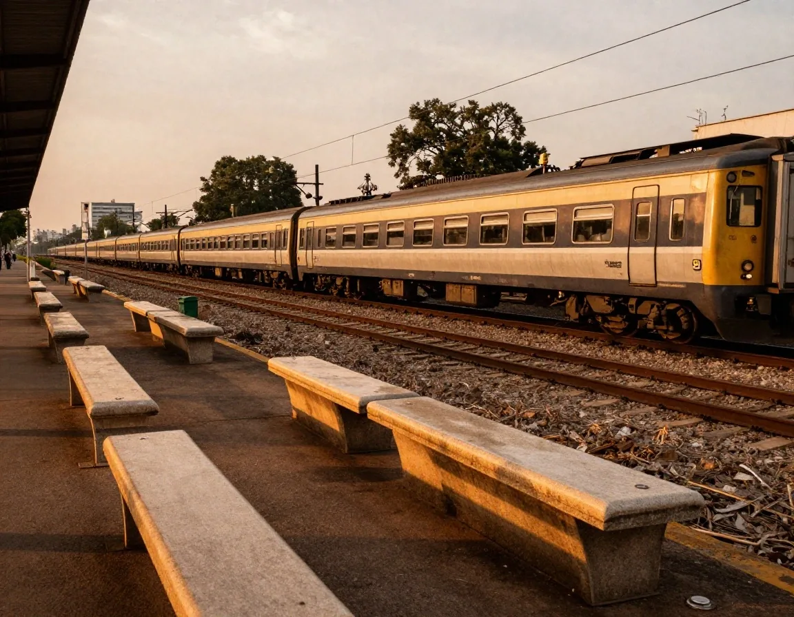 Andén de tren suburbano con trabajadores a la mañana