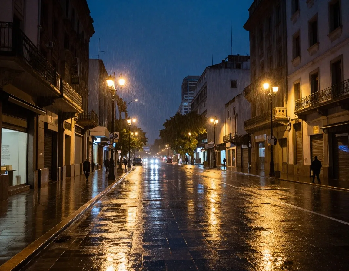Avenida Corrientes de noche con reflejo de luz cálida en vidrio con lluvia