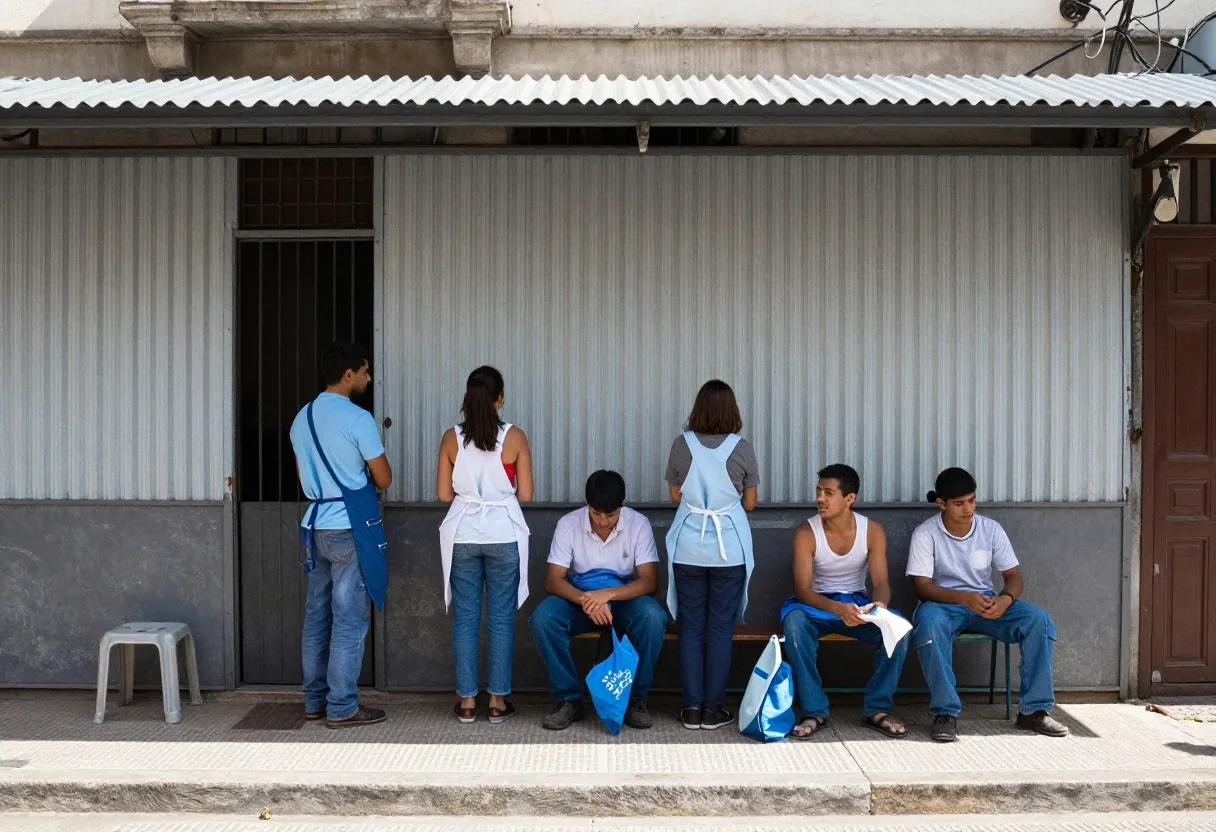 Jóvenes esperando frente a un local cerrado a la mañana