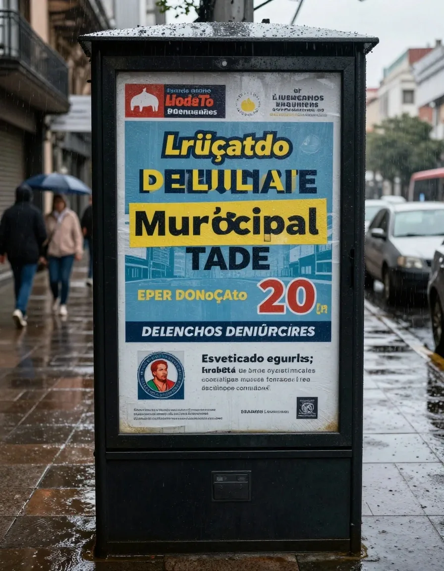 Cartelera municipal con avisos de trabajo bajo vidrio mojado