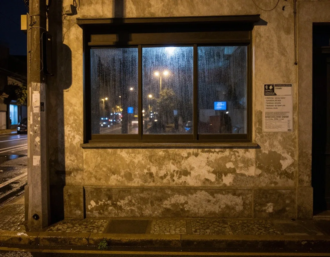 Cartelera municipal con avisos bajo vidrio mojado de noche