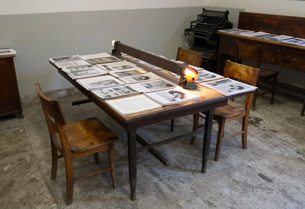 Pliegos de prueba apilados sobre la mesa de la imprenta bajo luz cálida