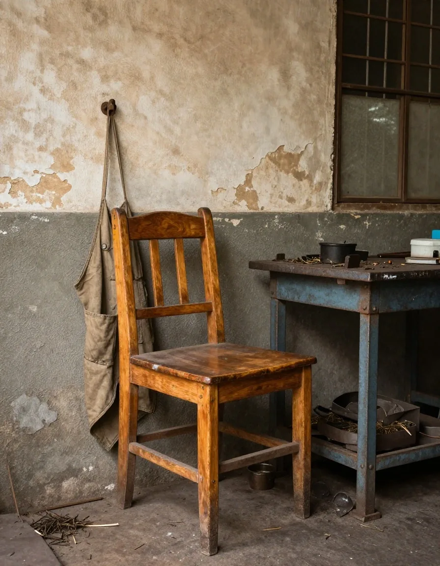 Silla vacía y delantal de trabajo colgado en un taller