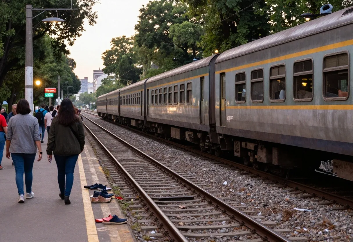 Abrigo de pasajero en el andén de una estación al atardecer