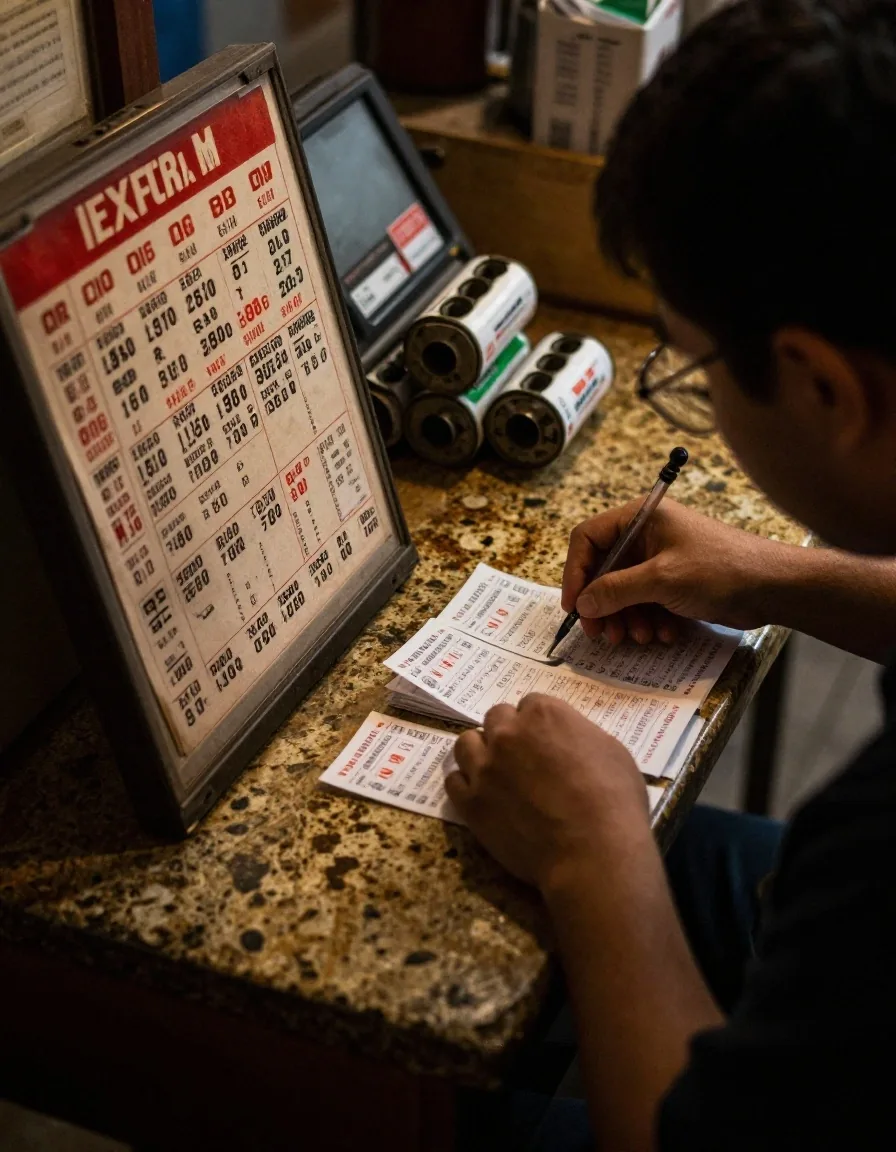 Rollo de ticket de supermercado y tabla impresa sobre el mostrador