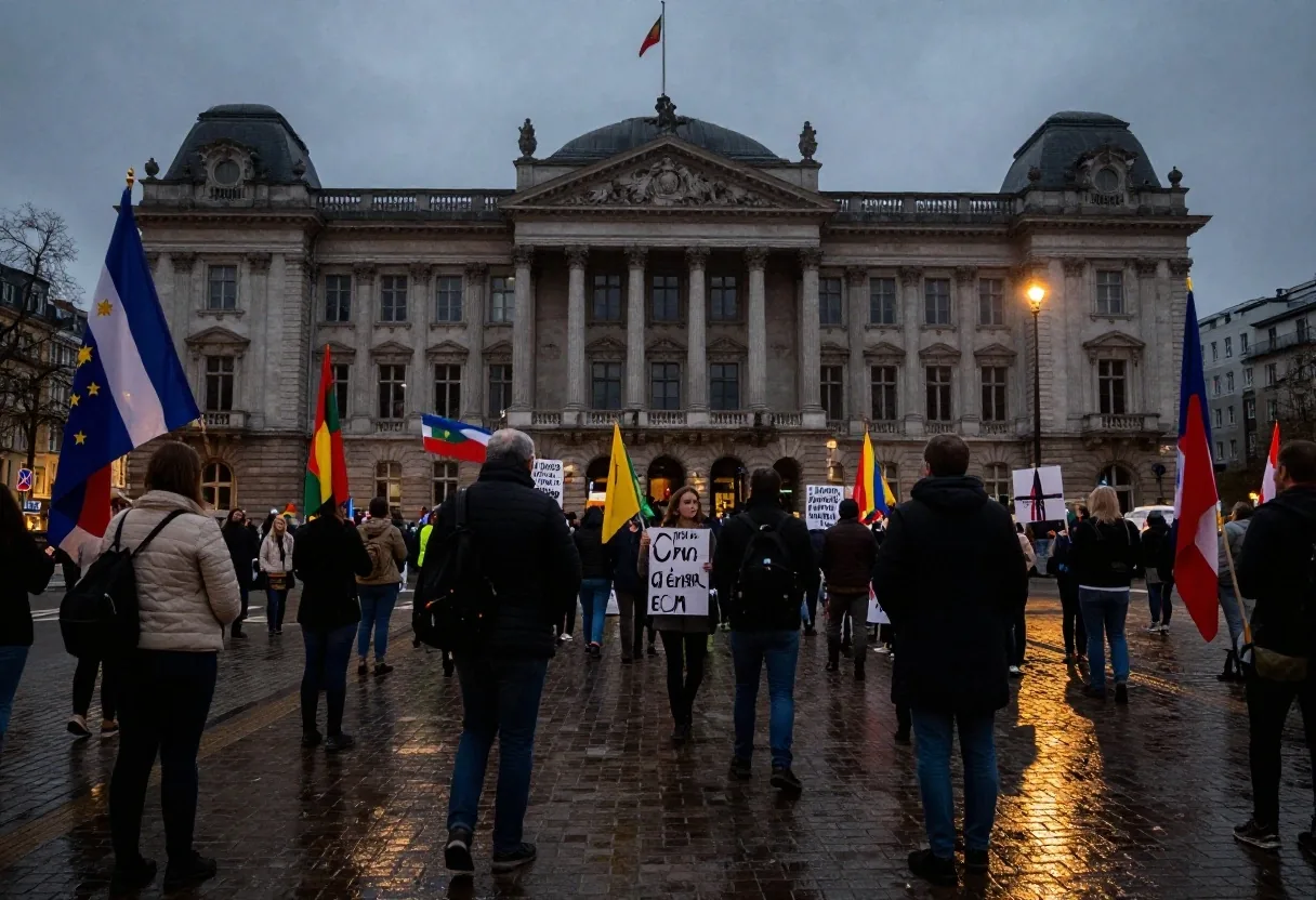 Columna de manifestantes avanzando por una avenida de Bruselas