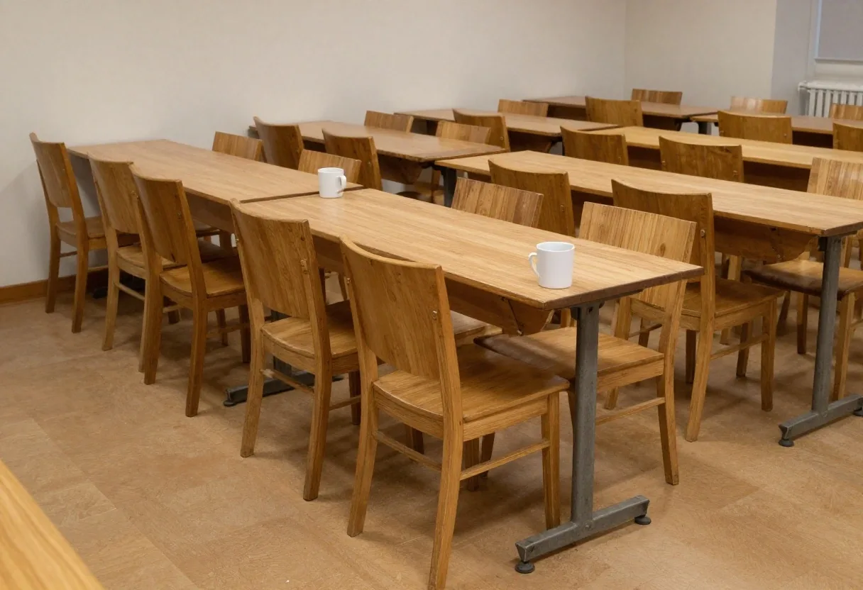 Mesa de pruebas con diarios apilados bajo luz cálida