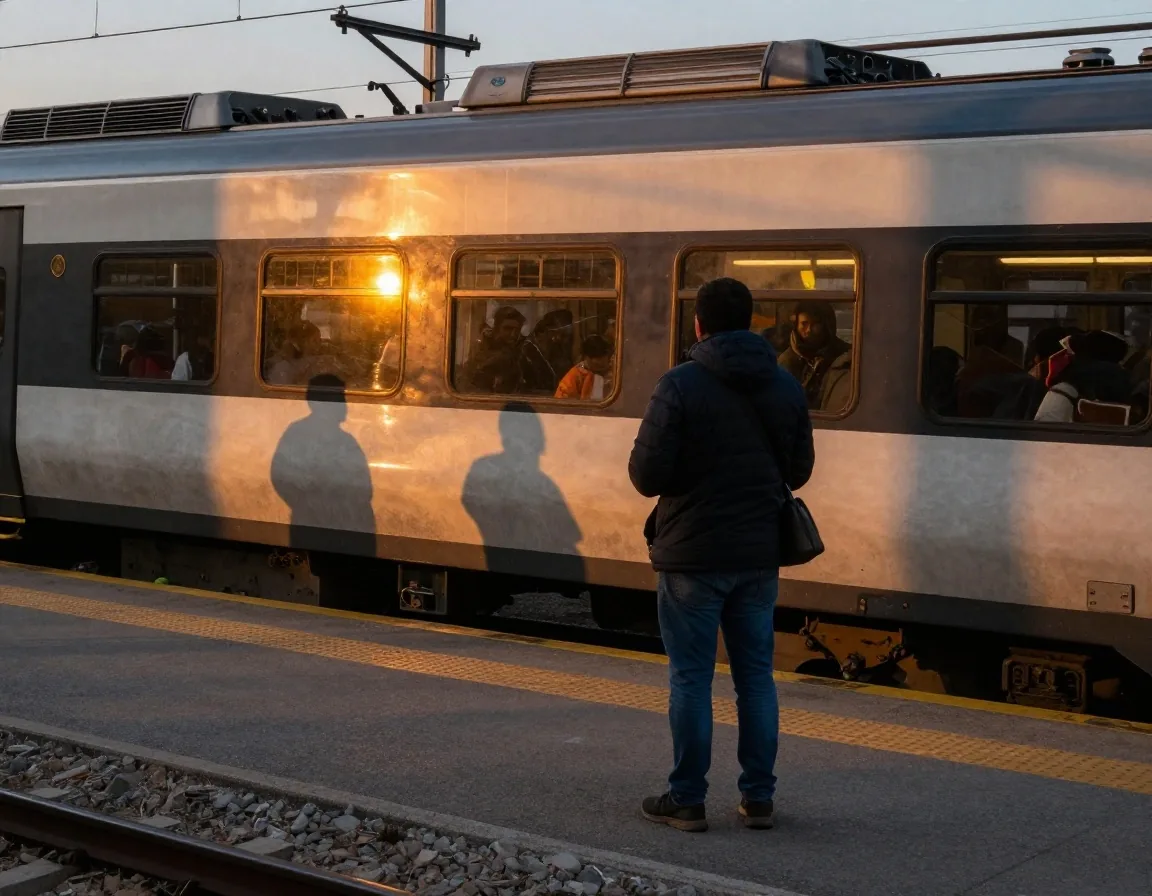 Trabajadores esperando el tren en una estación al atardecer