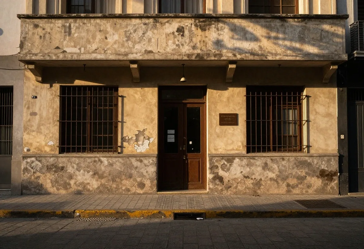 Banco vacío frente a la puerta de una oficina de trabajo al atardecer
